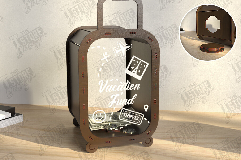 Σετ των 2 Intra απο ξύλο plywood 3mm-4mm πάχος – Travel Piggy Bank | Διακοπές Δίασταση  20x20 cm INTRAFABR-122385154