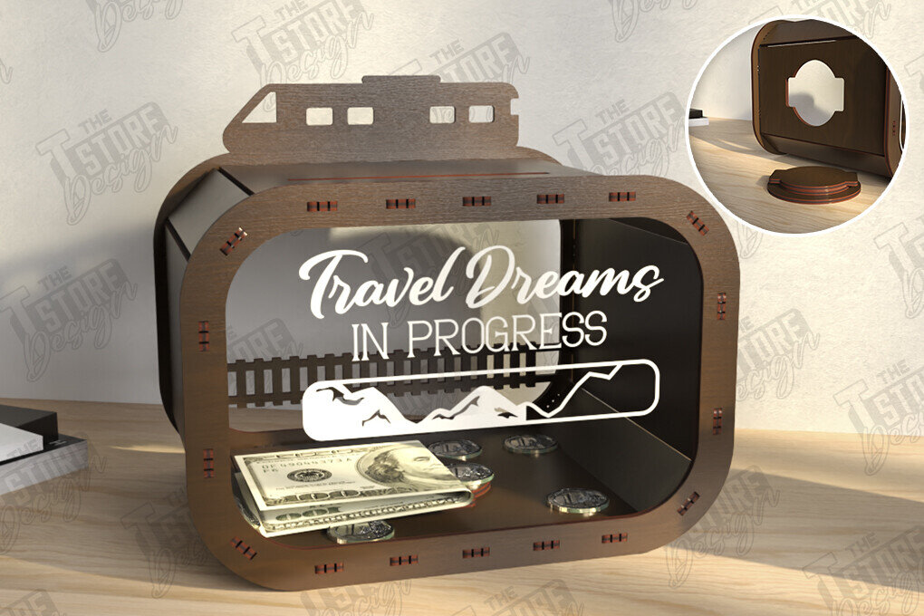 Σετ των 2 Intra απο ξύλο plywood 3mm-4mm πάχος – Travel Piggy Bank | Διακοπές Δίασταση  20x20 cm INTRAFABR-122385157