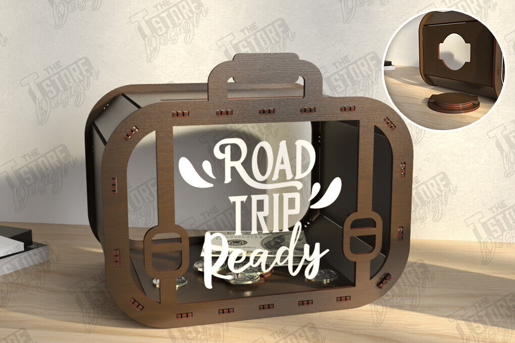 Σετ των 2 Intra απο ξύλο plywood 3mm-4mm πάχος – Travel Piggy Bank | Διακοπές Δίασταση  20x20 cm INTRAFABR-122602591