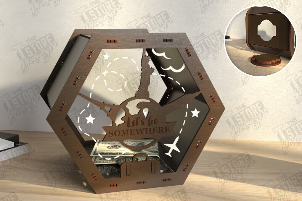 Σετ των 2 Intra απο ξύλο plywood 3mm-4mm πάχος – Travel Piggy Bank | Διακοπές Δίασταση  20x20 cm INTRAFABR-122602597