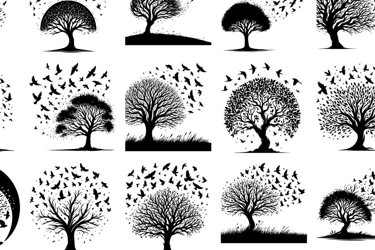 Σετ των 2 Intra απο ξύλο plywood 3mm-4mm πάχος – Δέντρο και πουλί σιλουέτα διάνυσμα δέσμη Δίασταση  20x20 cm INTRAFABR-118096548