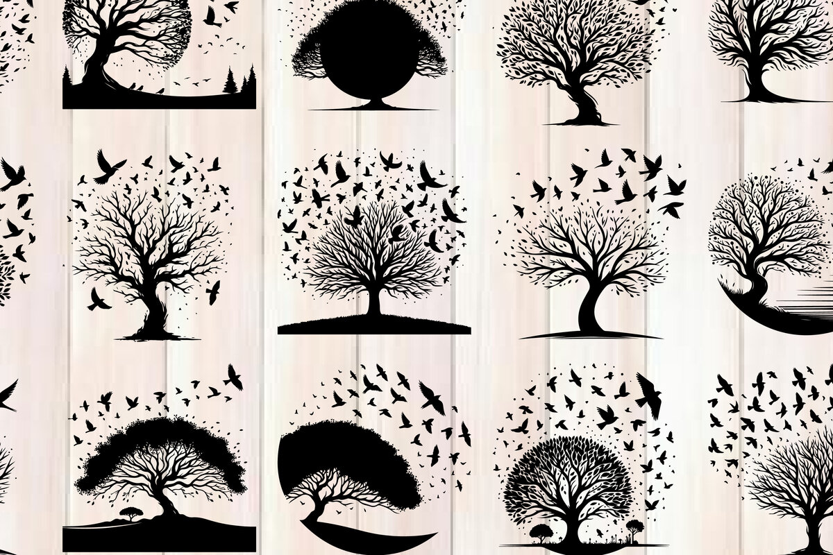 Σετ των 2 Intra απο ξύλο plywood 3mm-4mm πάχος – Δέντρο και πουλί σιλουέτα διάνυσμα δέσμη Δίασταση  20x20 cm INTRAFABR-118096681