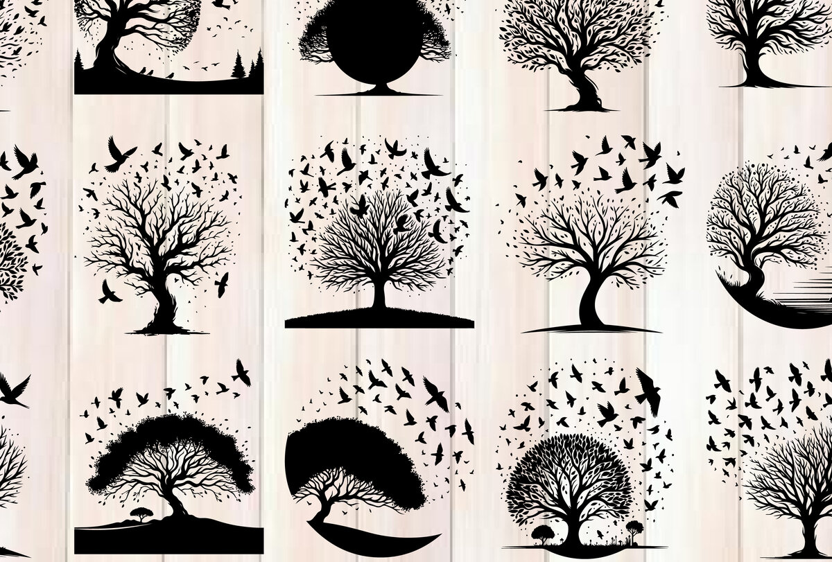 Σετ των 2 Intra απο ξύλο plywood 3mm-4mm πάχος – Δέντρο και πουλί σιλουέτα διάνυσμα δέσμη Δίασταση  20x20 cm INTRAFABR-118096482