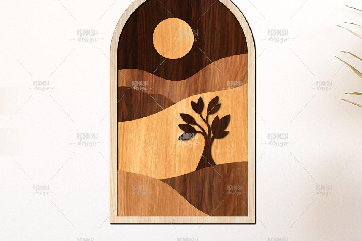 Σετ των 2 Intra απο ξύλο plywood 3mm-4mm πάχος – Δέντρο και ήλιος πάνω από το Rolling Hills 3D Δίασταση  20x20 cm INTRAFABR-125136162