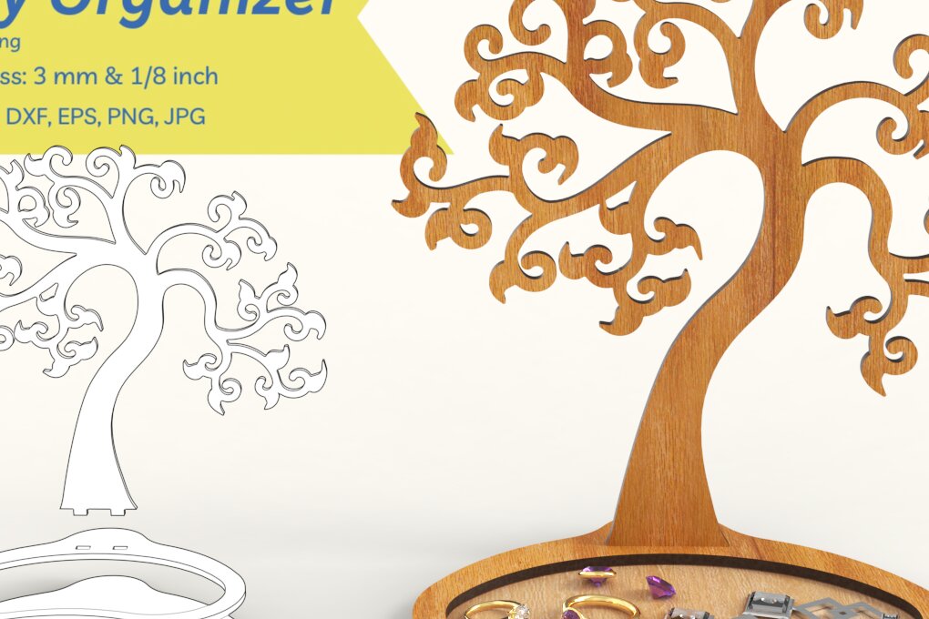 Σετ των 2 Intra απο ξύλο plywood 3mm-4mm πάχος – Επίδειξη κοσμημάτων δέντρου | Αρχείο κοπής με λέιζερ Δίασταση  20x20 cm INTRAFABR-87934144