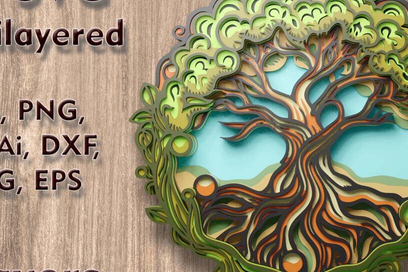 Σετ των 2 Intra απο ξύλο plywood 3mm-4mm πάχος – Αρχείο περικοπής πολλαπλών επιπέδων 3D Tree of Life Δίασταση  20x20 cm INTRAFABR-109001459