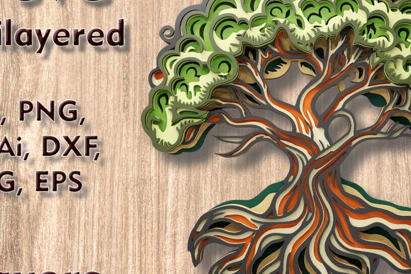 Σετ των 2 Intra απο ξύλο plywood 3mm-4mm πάχος – Πολυεπίπεδο 3D αρχείο Tree of Life Δίασταση  20x20 cm INTRAFABR-109001473