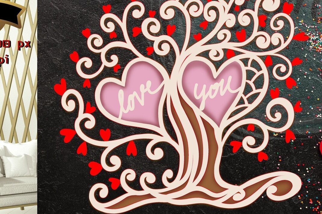 Σετ των 2 Intra απο ξύλο plywood 3mm-4mm πάχος – Tree of Love 3D Valentine V.1 Δίασταση  20x20 cm INTRAFABR-55676107