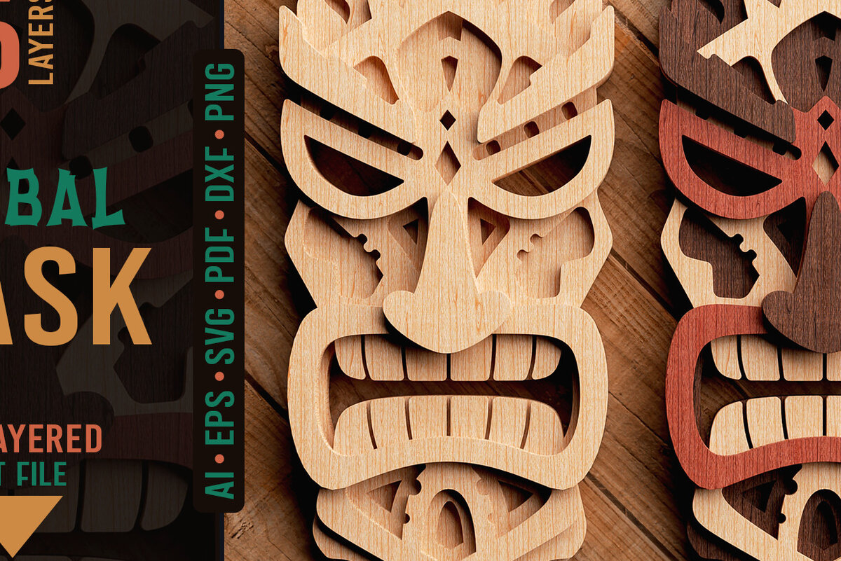 Σετ των 2 Intra απο ξύλο plywood 3mm-4mm πάχος – Tribal Mask 3D Layered Δίασταση  20x20 cm INTRAFABR-28941008