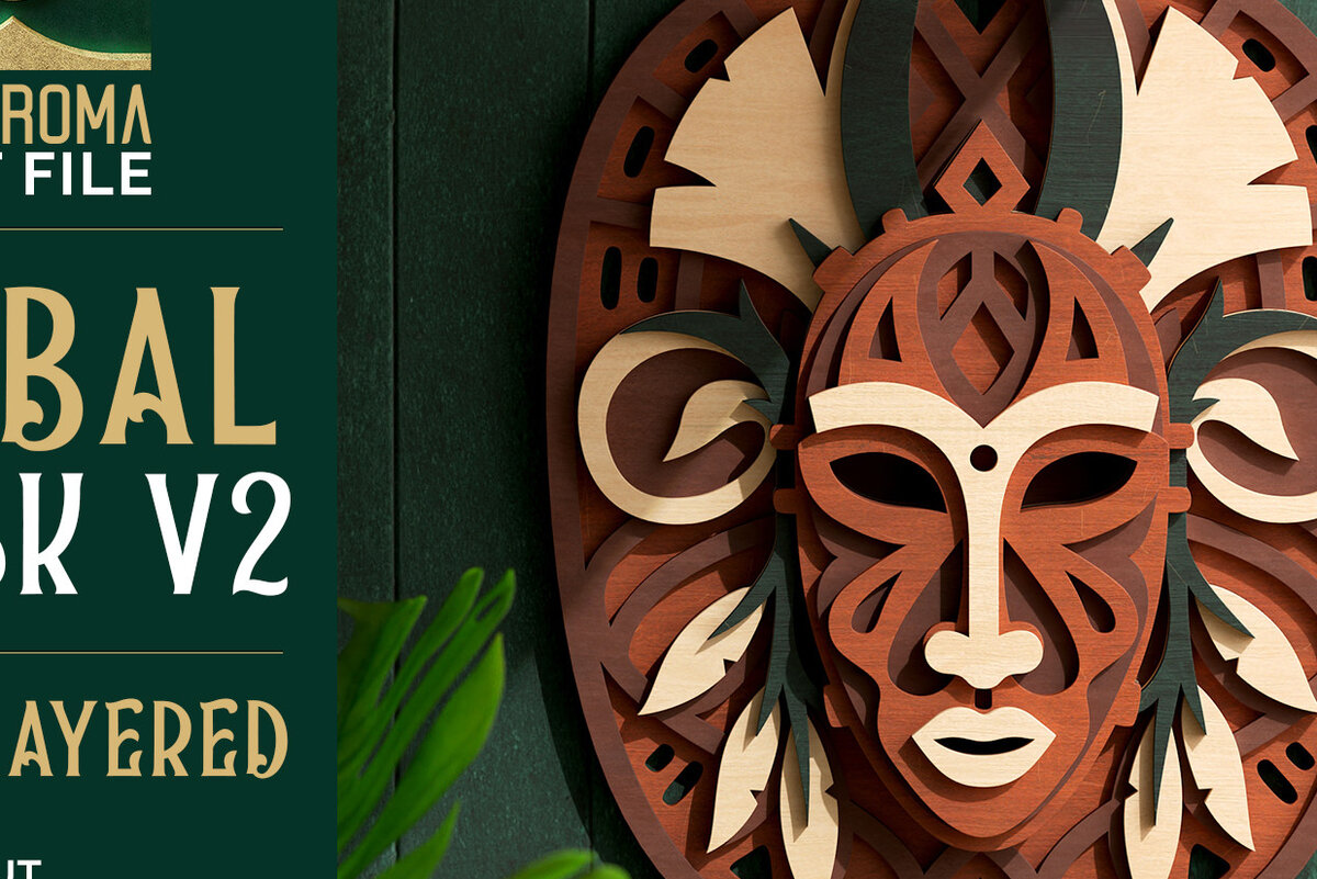 Σετ των 2 Intra απο ξύλο plywood 3mm-4mm πάχος – Tribal Mask V2 3D Layered Δίασταση  20x20 cm INTRAFABR-60436765