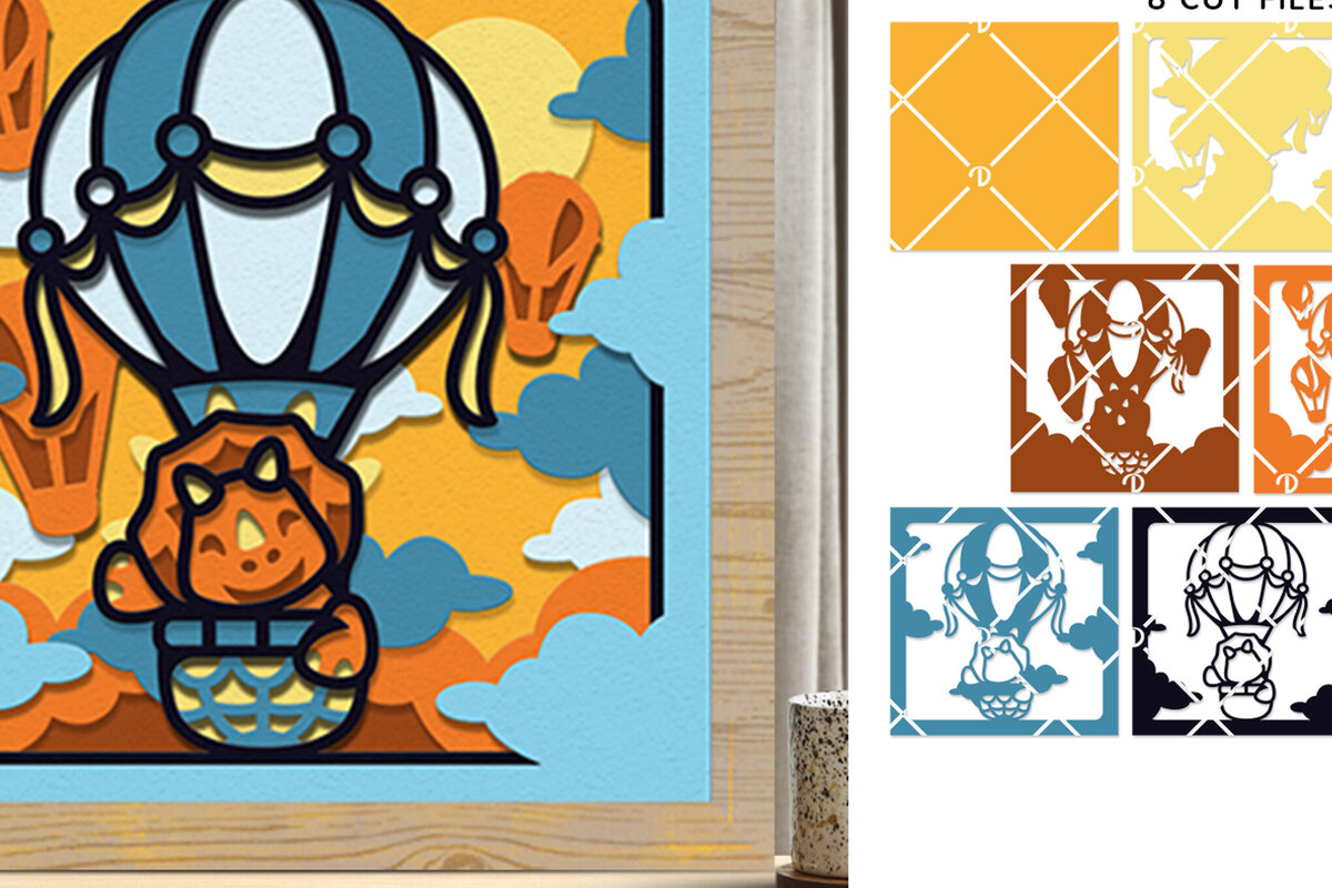 Σετ των 2 Intra απο ξύλο plywood 3mm-4mm πάχος – Triceratops σε μπαλόνι ζεστού αέρα Shadowbox Δίασταση  20x20 cm INTRAFABR-77367623