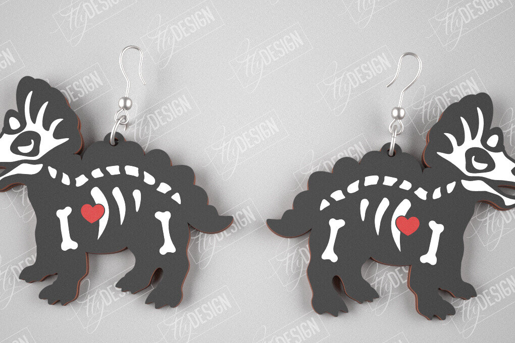 Σετ των 3 Intra απο ξύλο plywood 3mm-4mm πάχος – Triceratops Skeleton Earrings | Κοσμήματα Δίασταση  5x5 cm INTRAFABR-105271529