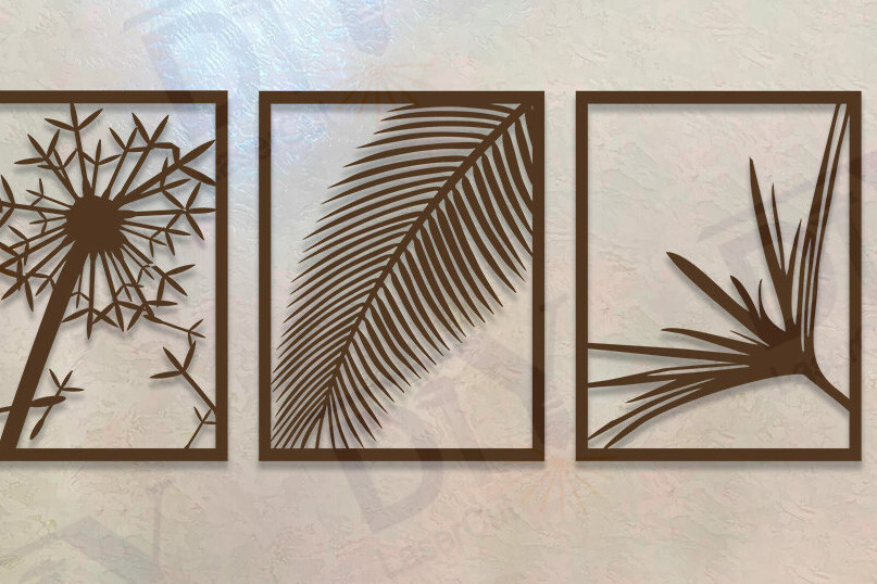 Σετ των 2 Intra απο ξύλο plywood 3mm-4mm πάχος – Τρίπτυχο με Φοίνικες και Πικραλίδα Δίασταση  20x20 cm INTRAFABR-112022989