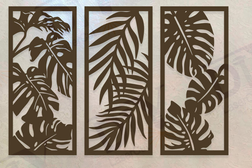 Σετ των 2 Intra απο ξύλο plywood 3mm-4mm πάχος – Τρίπτυχο με τροπικά φύλλα Δίασταση  20x20 cm INTRAFABR-111987145