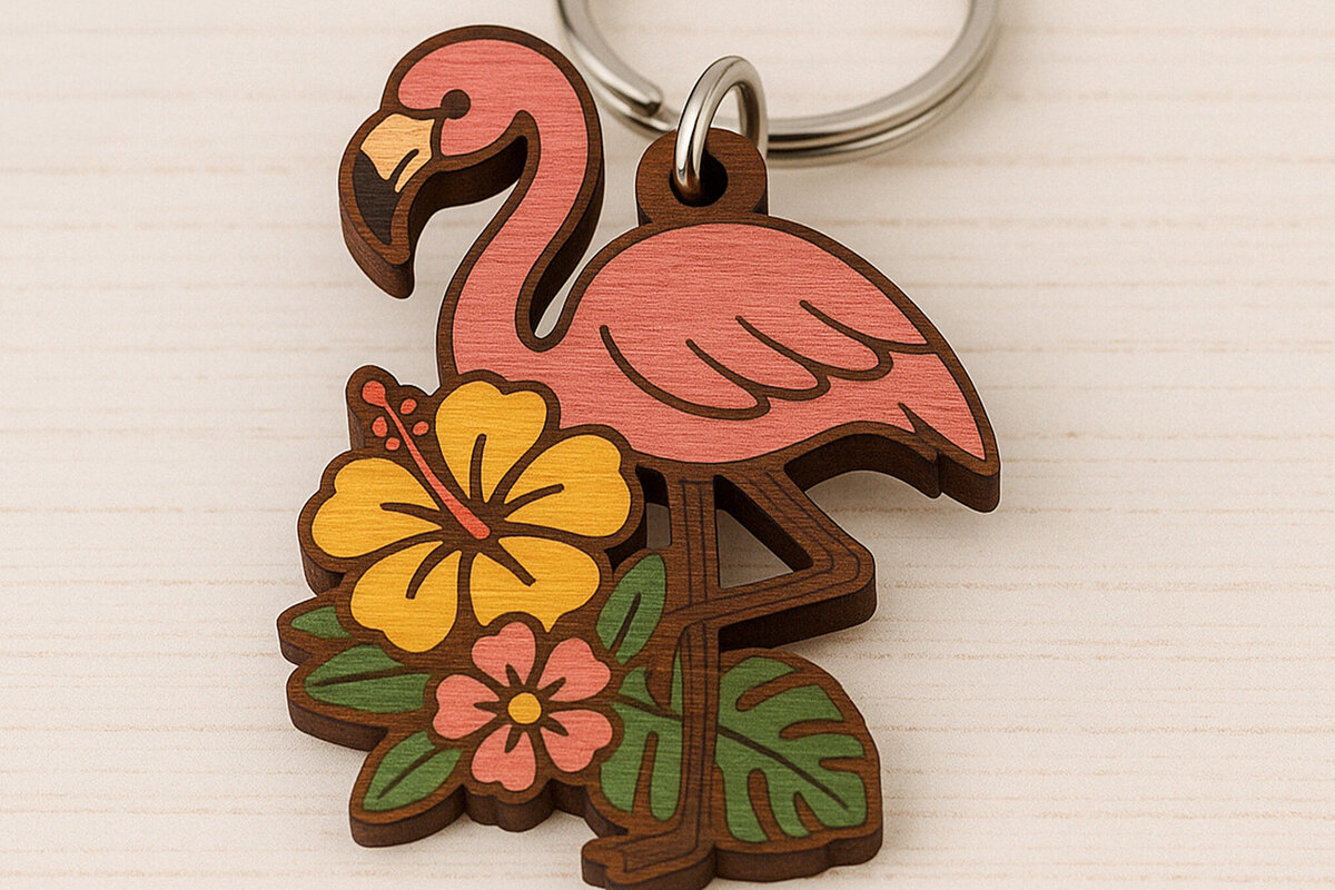 Σετ των 3 Intra απο ξύλο plywood 3mm-4mm πάχος – Μπρελόκ Tropical Flamingo Δίασταση  5x5 cm INTRAFABR-121334422