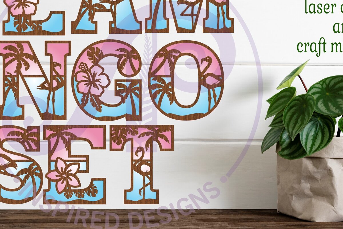 Σετ των 2 Intra απο ξύλο plywood 3mm-4mm πάχος – Σετ αλφαβήτου με θέμα Tropical / Flamingo. Δίασταση  20x20 cm INTRAFABR-92754031