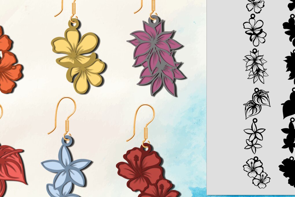 Σετ των 3 Intra απο ξύλο plywood 3mm-4mm πάχος – Σκουλαρίκι τροπικό λουλούδι, καλοκαίρι Δίασταση  5x5 cm INTRAFABR-69287868