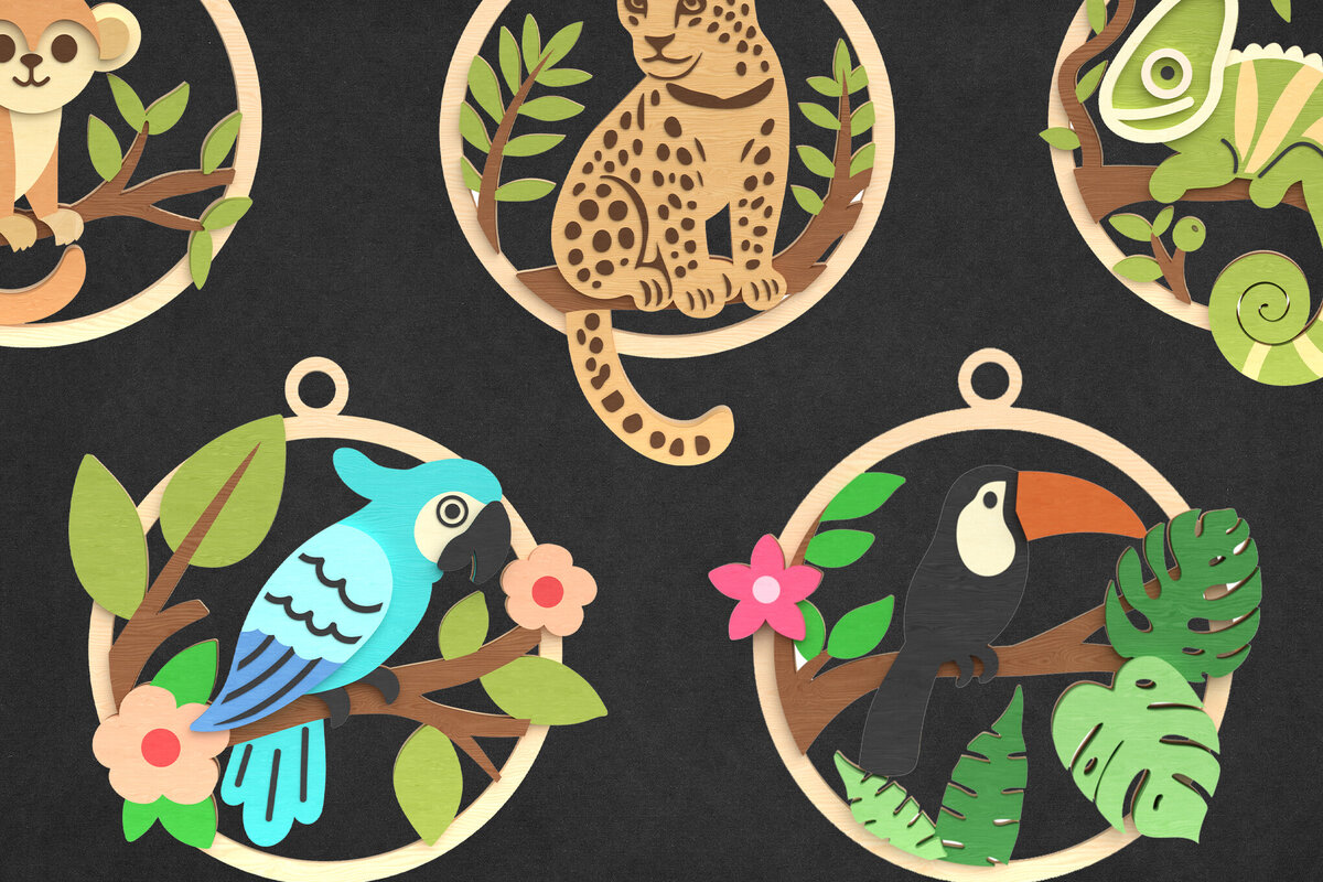 Σετ των 2 Intra απο ξύλο plywood 3mm-4mm πάχος – Πακέτο στολίδι με ζώα της τροπικής ζούγκλας Δίασταση  20x20 cm INTRAFABR-119239871