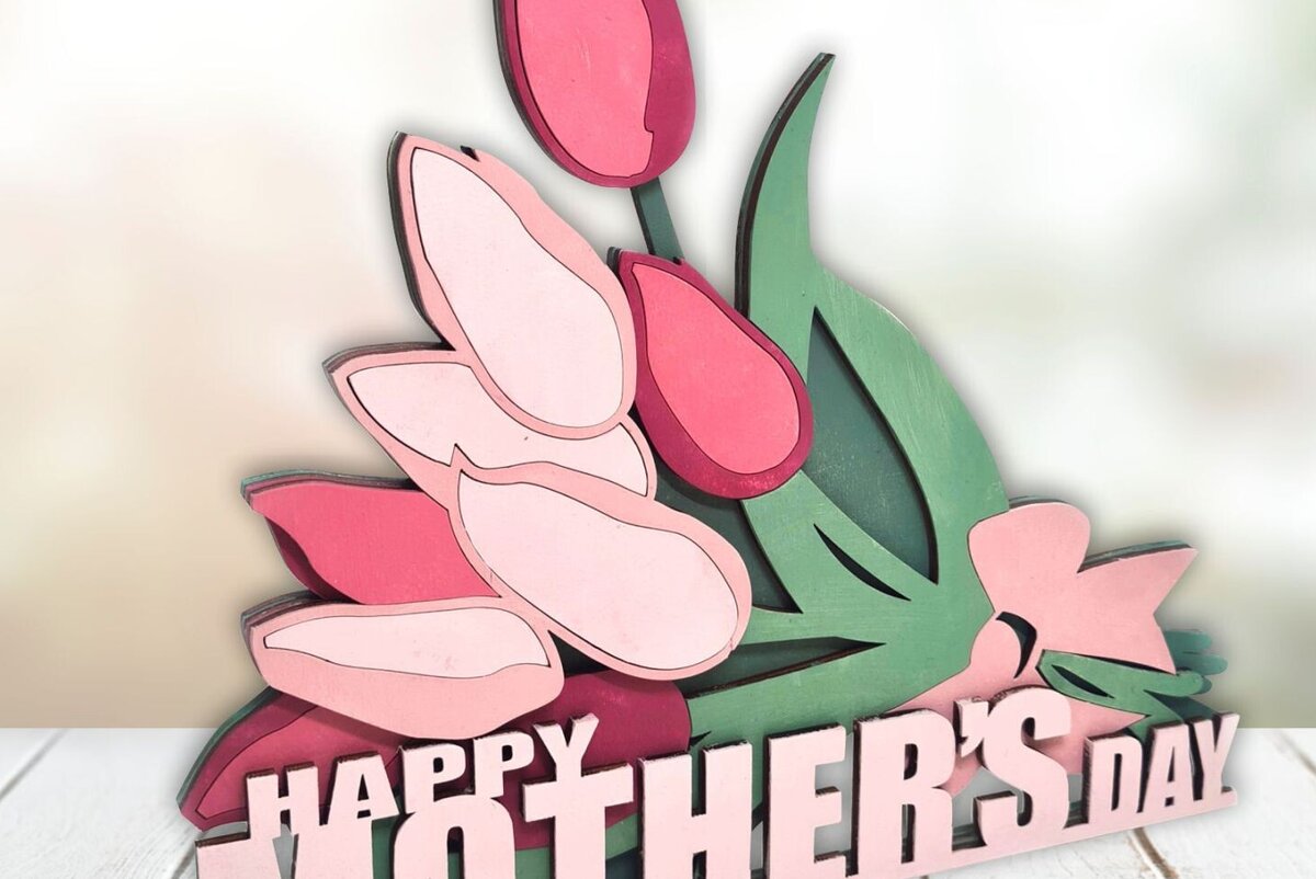 Σετ των 2 Intra απο ξύλο plywood 3mm-4mm πάχος – Μπουκέτο τουλίπα Mothers Day, Δίασταση  20x20 cm INTRAFABR-95123443