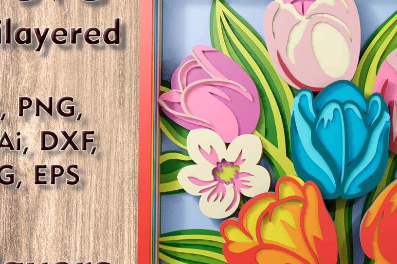 Σετ των 2 Intra απο ξύλο plywood 3mm-4mm πάχος – Αρχεία λέιζερ 3D Tulips Δίασταση  20x20 cm INTRAFABR-108943998