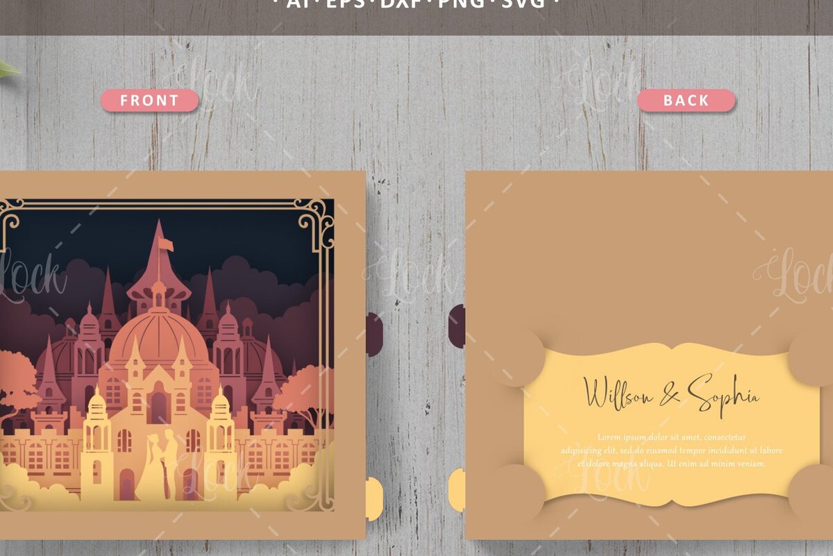 Σετ των 2 Intra απο ξύλο plywood 3mm-4mm πάχος – Τούνελ κάρτες Προσκλητήριο γάμου αναδυόμενο Δίασταση  20x20 cm INTRAFABR-34170966