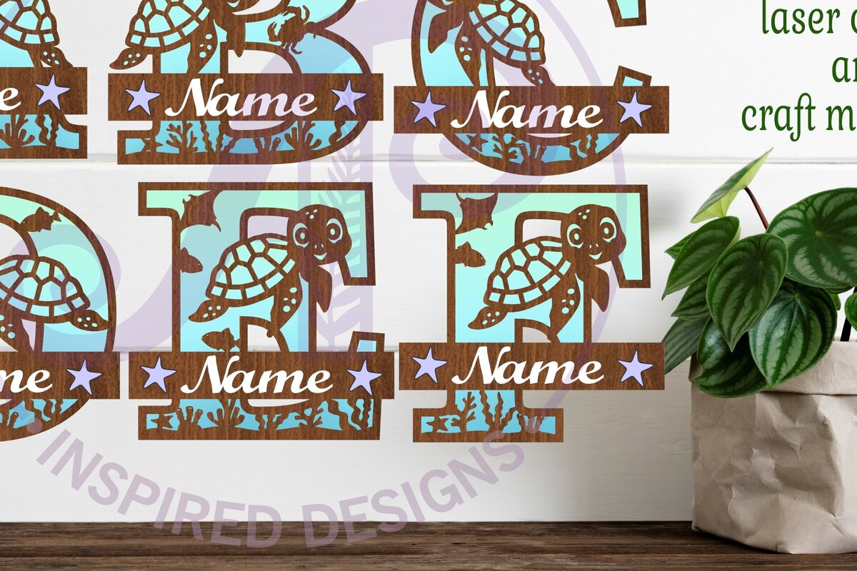 Σετ των 2 Intra απο ξύλο plywood 3mm-4mm πάχος – Σημάδια ονόματος δέσμης γραμμάτων μονόγραμμα χελώνας Δίασταση  20x20 cm INTRAFABR-94199936