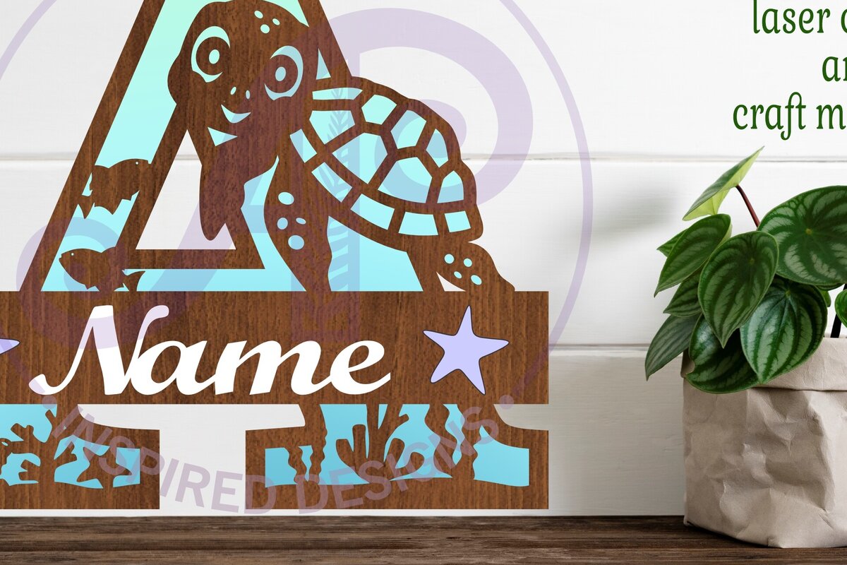 Σετ των 2 Intra απο ξύλο plywood 3mm-4mm πάχος – Επιστολή μονογράμματος κεφαλαίου ωκεανού χελώνας α Δίασταση  20x20 cm INTRAFABR-94203787