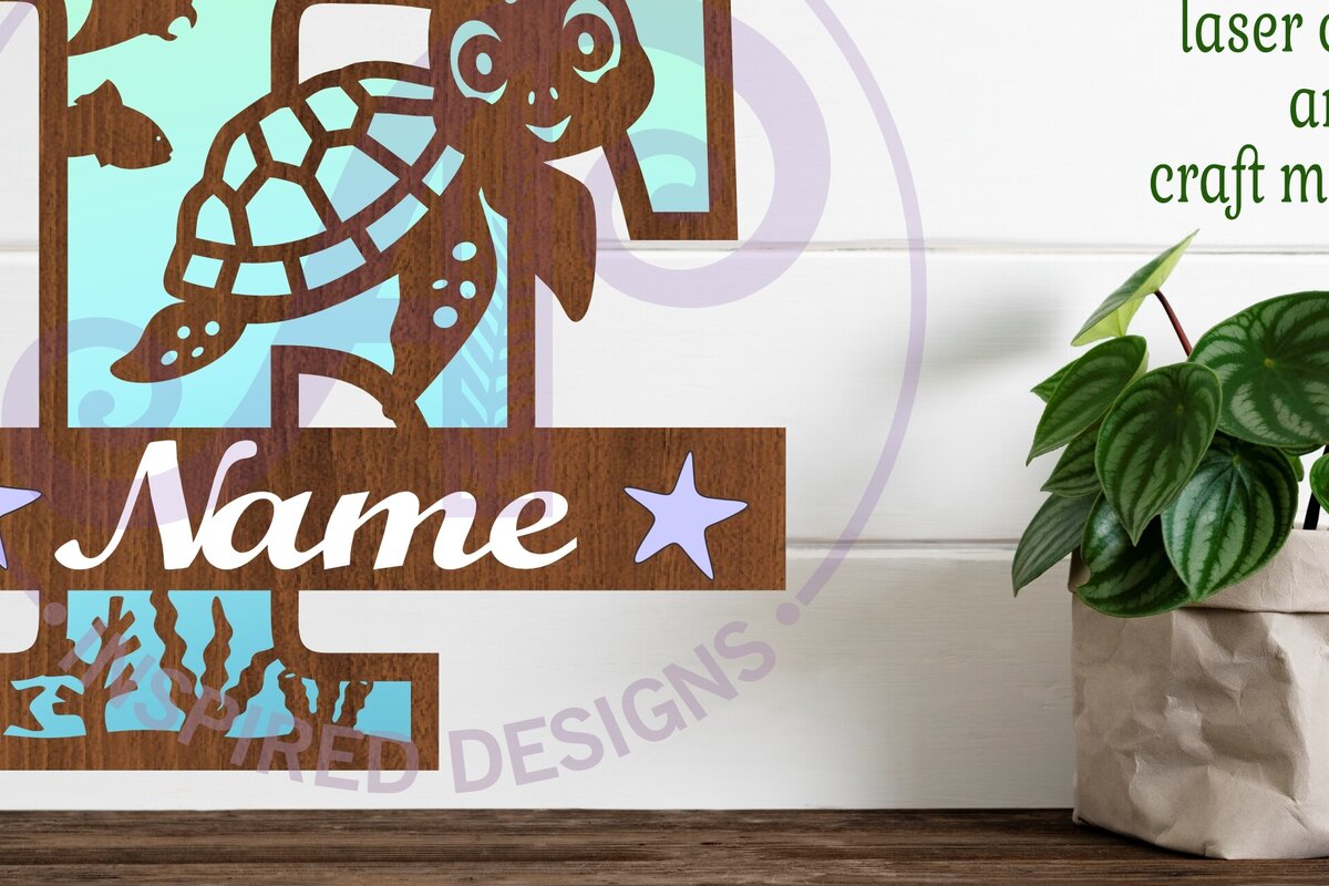 Σετ των 2 Intra απο ξύλο plywood 3mm-4mm πάχος – Μονόγραμμα κεφαλαίου χελώνας Ωκεανός Επιστολή F Δίασταση  20x20 cm INTRAFABR-94203919