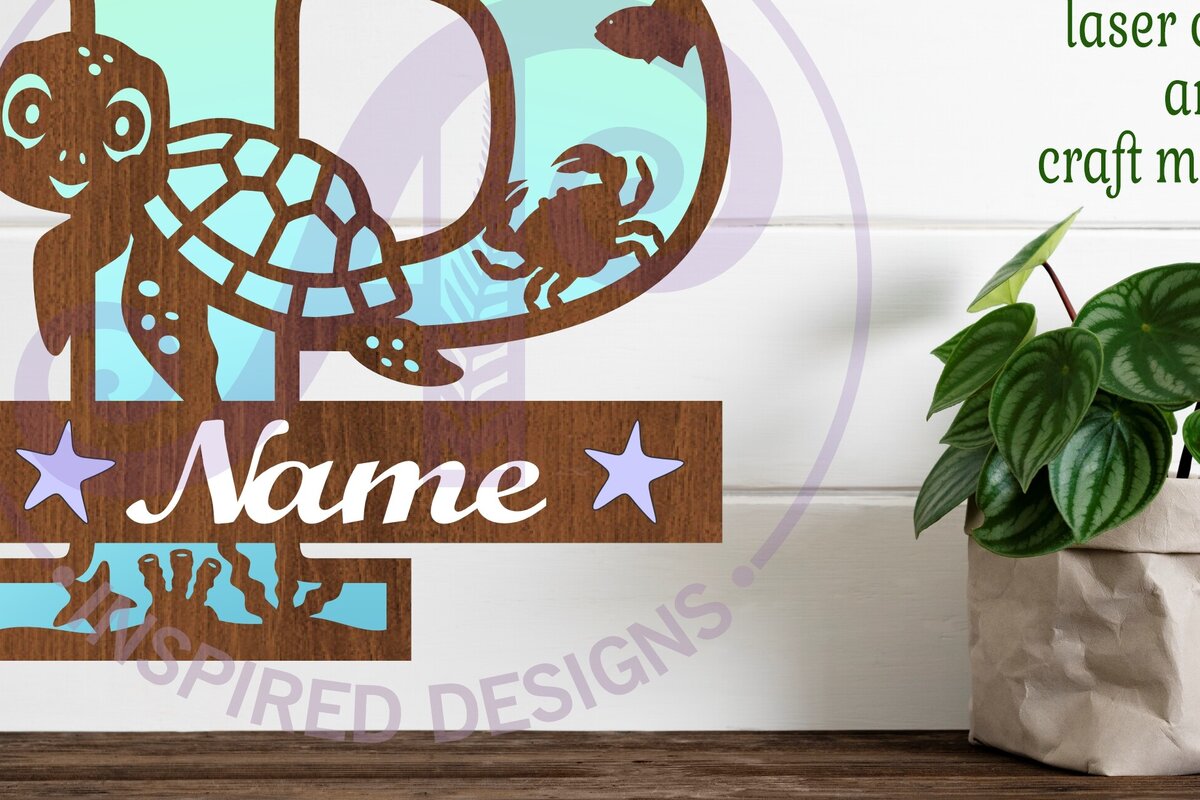 Σετ των 2 Intra απο ξύλο plywood 3mm-4mm πάχος – Μονόγραμμα κεφαλαιουχικής χελώνας Ωκεανός Επιστολή P Δίασταση  20x20 cm INTRAFABR-94204463