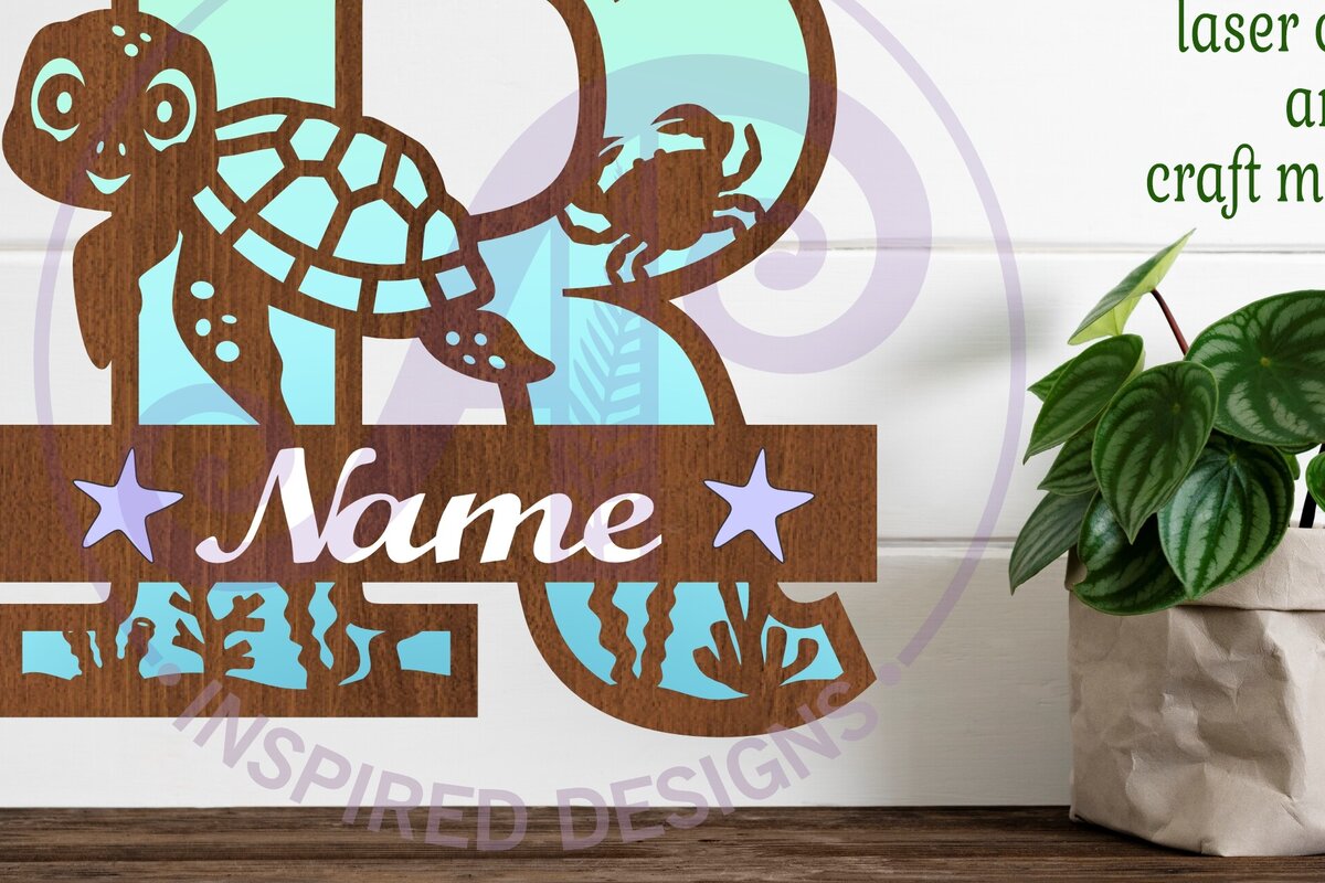 Σετ των 2 Intra απο ξύλο plywood 3mm-4mm πάχος – Μονόγραμμα κεφαλαίου της χελώνας Ωκεανός Επιστολή R Δίασταση  20x20 cm INTRAFABR-94204617