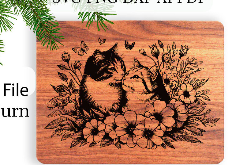 Σετ των 2 Intra απο ξύλο plywood 3mm-4mm πάχος – Δύο γάτες ερωτευμένες με χαρακτικά λουλουδιών Δίασταση  20x20 cm INTRAFABR-110835601