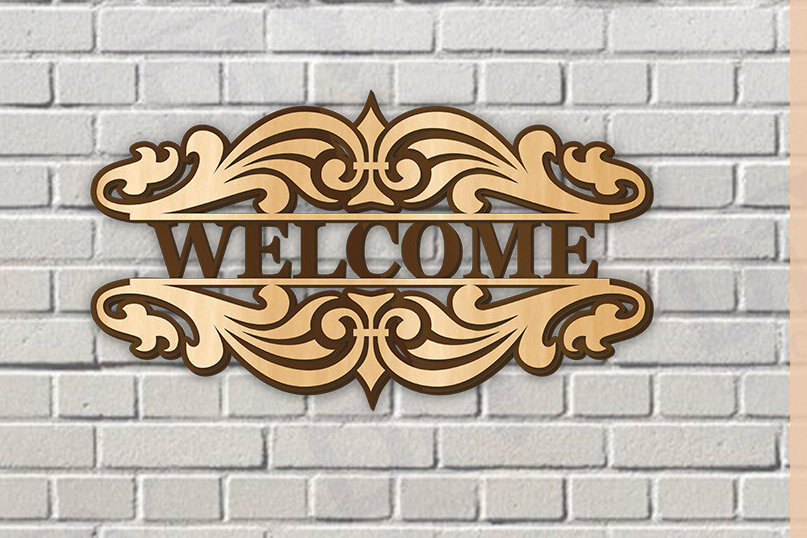 Σετ των 2 Intra απο ξύλο plywood 3mm-4mm πάχος – Κοπή λέιζερ πινακίδας δύο επιπέδων "Καλώς ήρθατε". Δίασταση  20x20 cm INTRAFABR-115220469