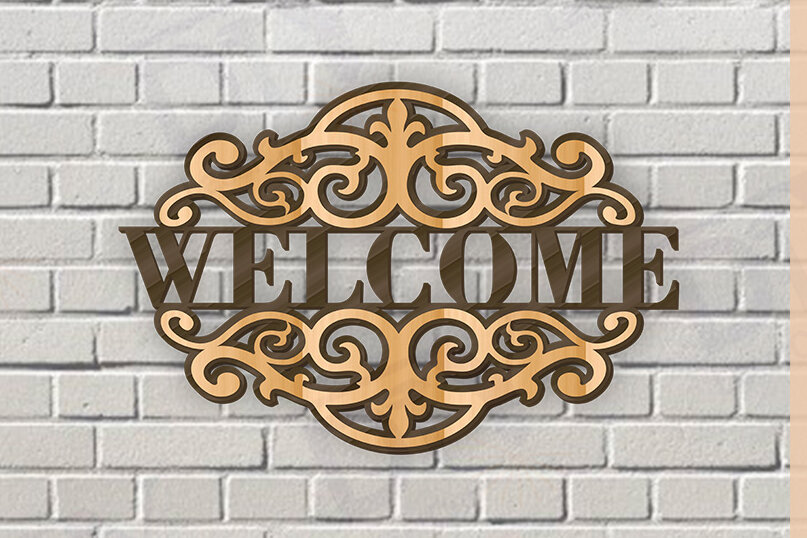 Σετ των 2 Intra απο ξύλο plywood 3mm-4mm πάχος – Κοπή λέιζερ πινακίδας δύο επιπέδων "Καλώς ήρθατε". Δίασταση  20x20 cm INTRAFABR-115235129