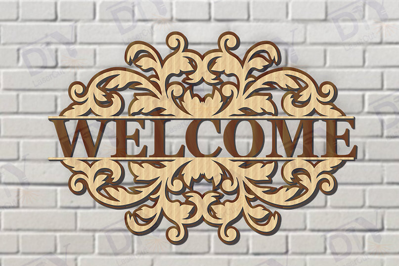 Σετ των 2 Intra απο ξύλο plywood 3mm-4mm πάχος – Κοπή λέιζερ πινακίδας δύο επιπέδων "Καλώς ήρθατε". Δίασταση  20x20 cm INTRAFABR-117346763