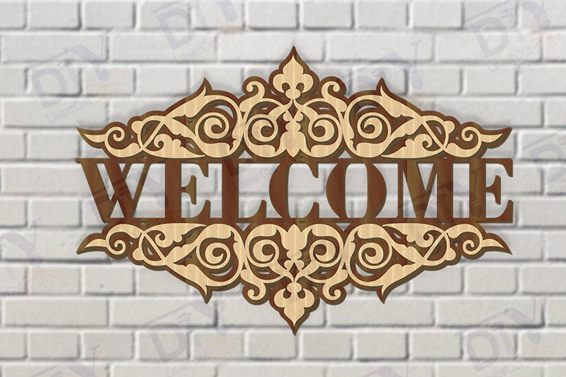 Σετ των 2 Intra απο ξύλο plywood 3mm-4mm πάχος – Κοπή λέιζερ πινακίδας δύο επιπέδων "Καλώς ήρθατε". Δίασταση  20x20 cm INTRAFABR-117347691