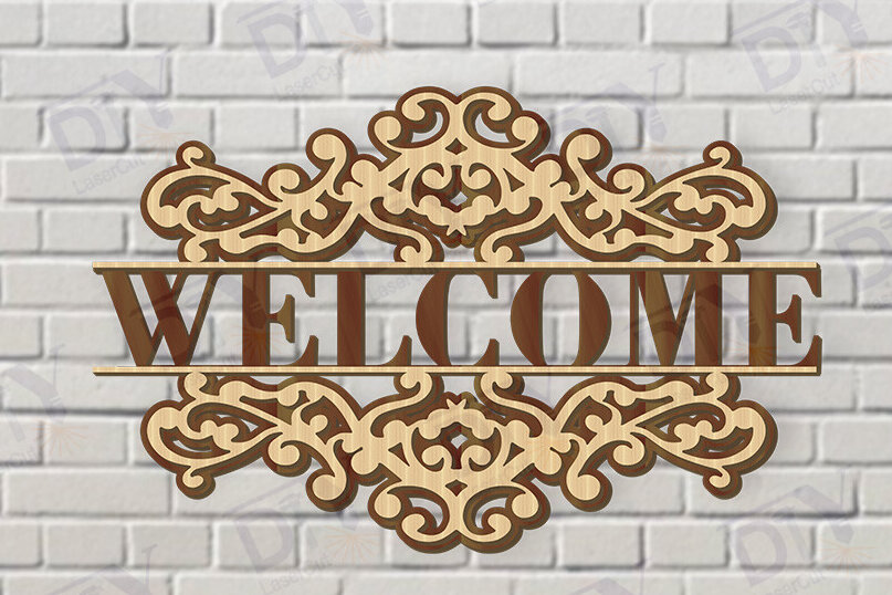 Σετ των 2 Intra απο ξύλο plywood 3mm-4mm πάχος – Κοπή λέιζερ πινακίδας δύο επιπέδων "Καλώς ήρθατε". Δίασταση  20x20 cm INTRAFABR-117348970