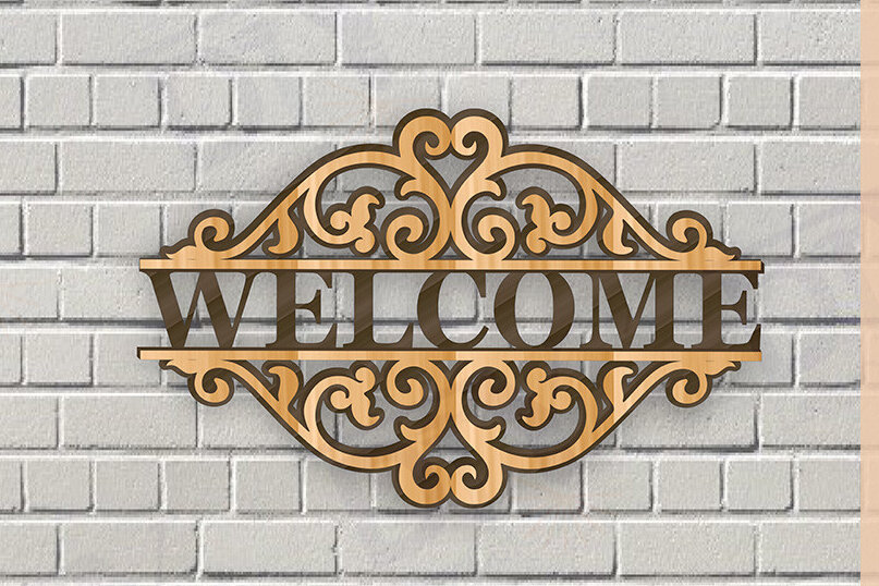 Σετ των 2 Intra απο ξύλο plywood 3mm-4mm πάχος – Κοπή λέιζερ πινακίδας δύο επιπέδων "Καλώς ήρθατε". Δίασταση  20x20 cm INTRAFABR-115149581