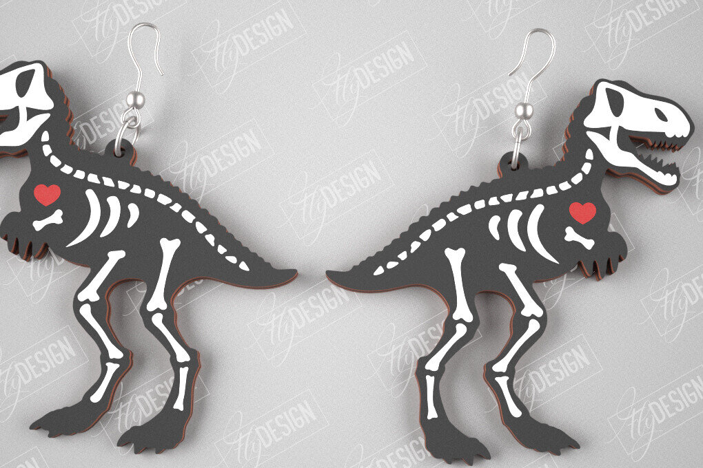 Σετ των 2 Intra απο ξύλο plywood 3mm-4mm πάχος – Tyrannosaurus Rex Skeleton Earrings |CNC Δίασταση  5x5 cm INTRAFABR-105271534
