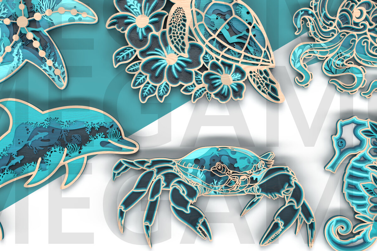 Σετ των 2 Intra απο ξύλο plywood 3mm-4mm πάχος – Δέσμη κοπής λέιζερ Under the Sea – 6 στρώσεων Δίασταση  20x20 cm INTRAFABR-119707516