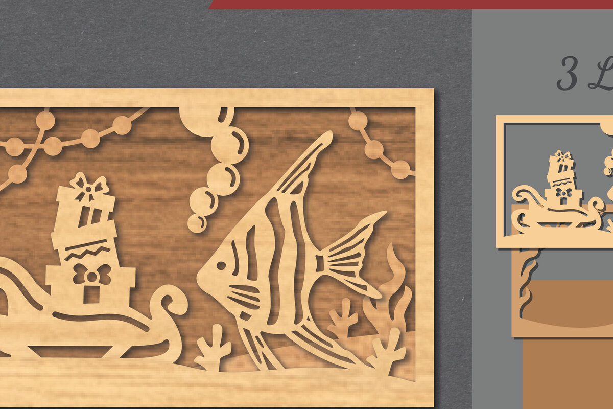 Σετ των 2 Intra απο ξύλο plywood 3mm-4mm πάχος – Υποβρύχια χριστουγεννιάτικη σκηνή κοπής με λέιζερ Δίασταση  20x20 cm INTRAFABR-112552158