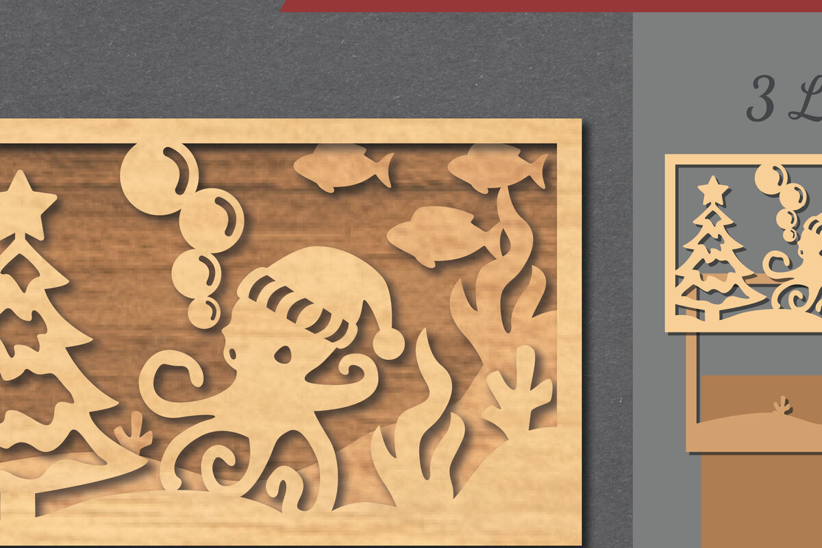 Σετ των 2 Intra απο ξύλο plywood 3mm-4mm πάχος – Υποβρύχια χριστουγεννιάτικη σκηνή κοπής με λέιζερ Δίασταση  20x20 cm INTRAFABR-112551916