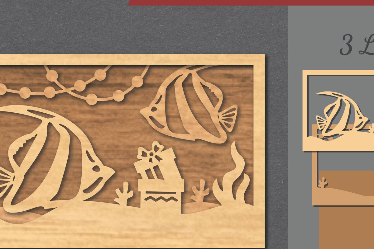 Σετ των 2 Intra απο ξύλο plywood 3mm-4mm πάχος – Υποβρύχια χριστουγεννιάτικη σκηνή κοπής με λέιζερ Δίασταση  20x20 cm INTRAFABR-112552058