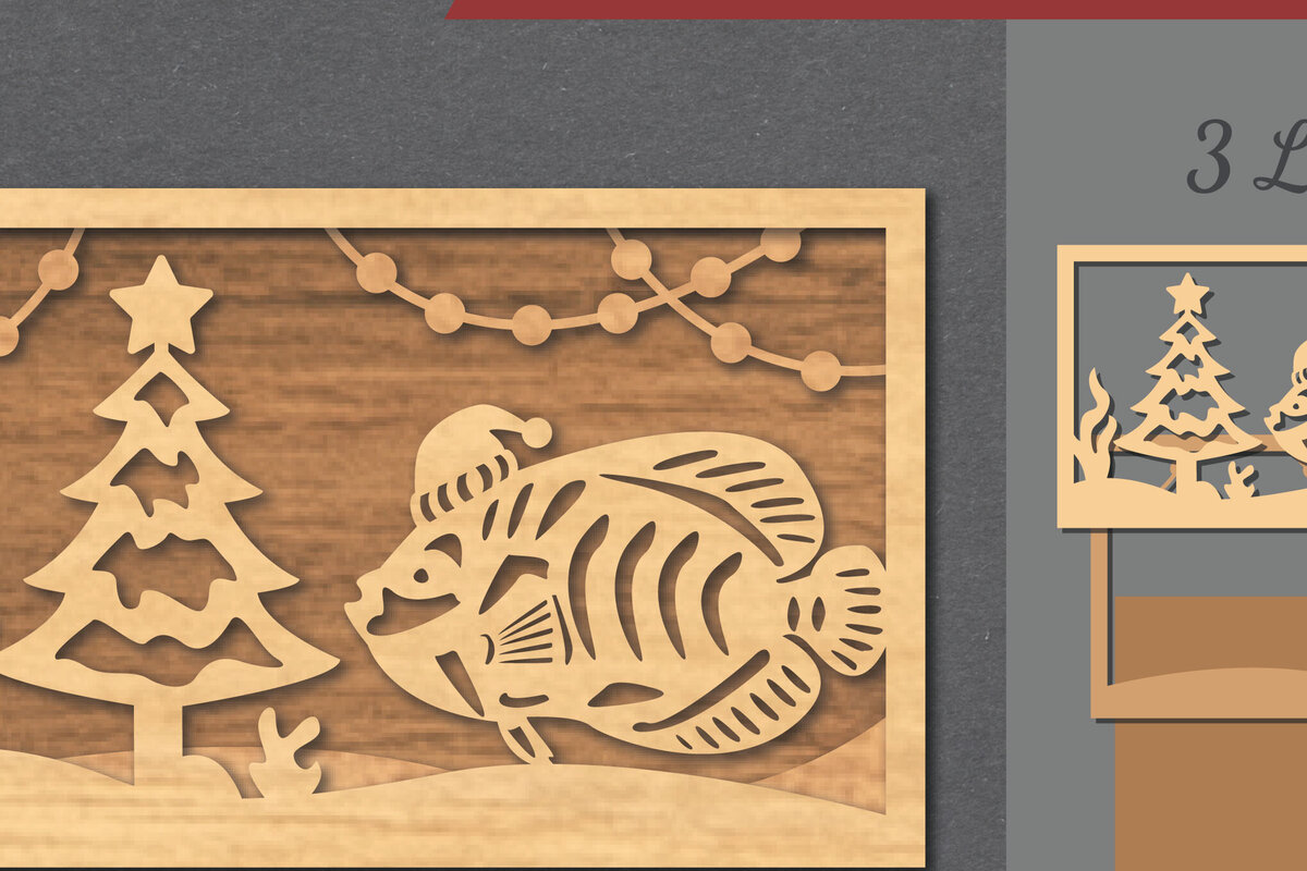 Σετ των 2 Intra απο ξύλο plywood 3mm-4mm πάχος – Υποβρύχια χριστουγεννιάτικη σκηνή κοπής με λέιζερ Δίασταση  20x20 cm INTRAFABR-112552081