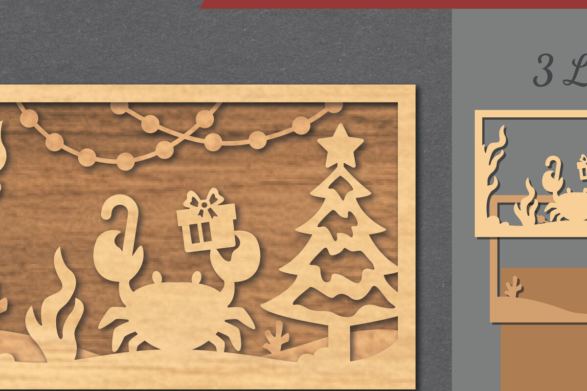 Σετ των 2 Intra απο ξύλο plywood 3mm-4mm πάχος – Υποβρύχια χριστουγεννιάτικη σκηνή κοπής με λέιζερ Δίασταση  20x20 cm INTRAFABR-112552108