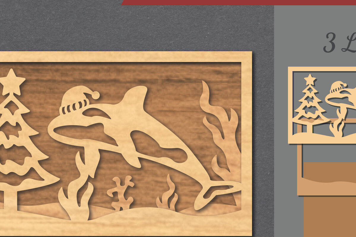 Σετ των 2 Intra απο ξύλο plywood 3mm-4mm πάχος – Υποβρύχια χριστουγεννιάτικη σκηνή κοπής με λέιζερ Δίασταση  20x20 cm INTRAFABR-112552138