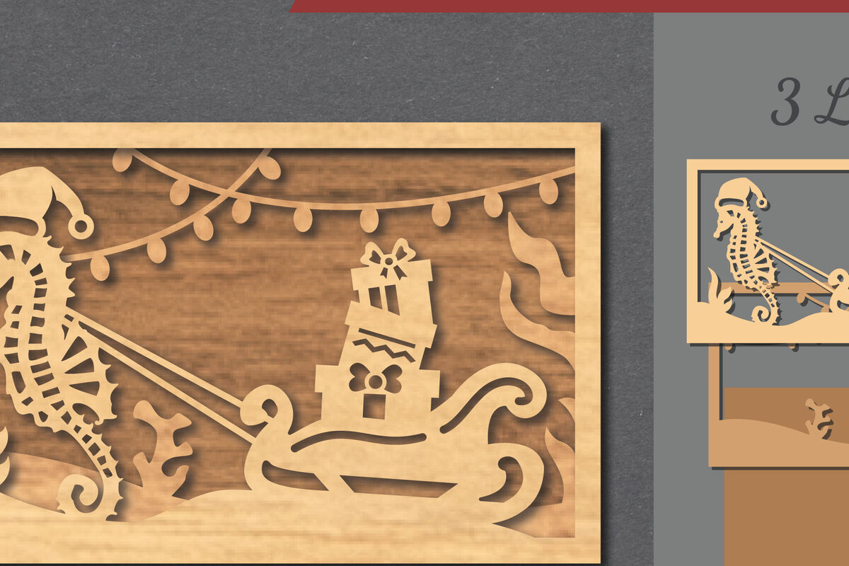 Σετ των 2 Intra απο ξύλο plywood 3mm-4mm πάχος – Υποβρύχια χριστουγεννιάτικη σκηνή κοπής με λέιζερ Δίασταση  20x20 cm INTRAFABR-112551846