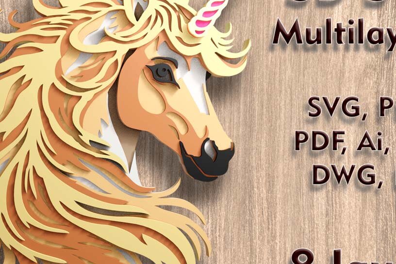 Σετ των 2 Intra απο ξύλο plywood 3mm-4mm πάχος – Αρχεία λέιζερ πολλαπλών επιπέδων Unicorn 3D Δίασταση  20x20 cm INTRAFABR-109079248