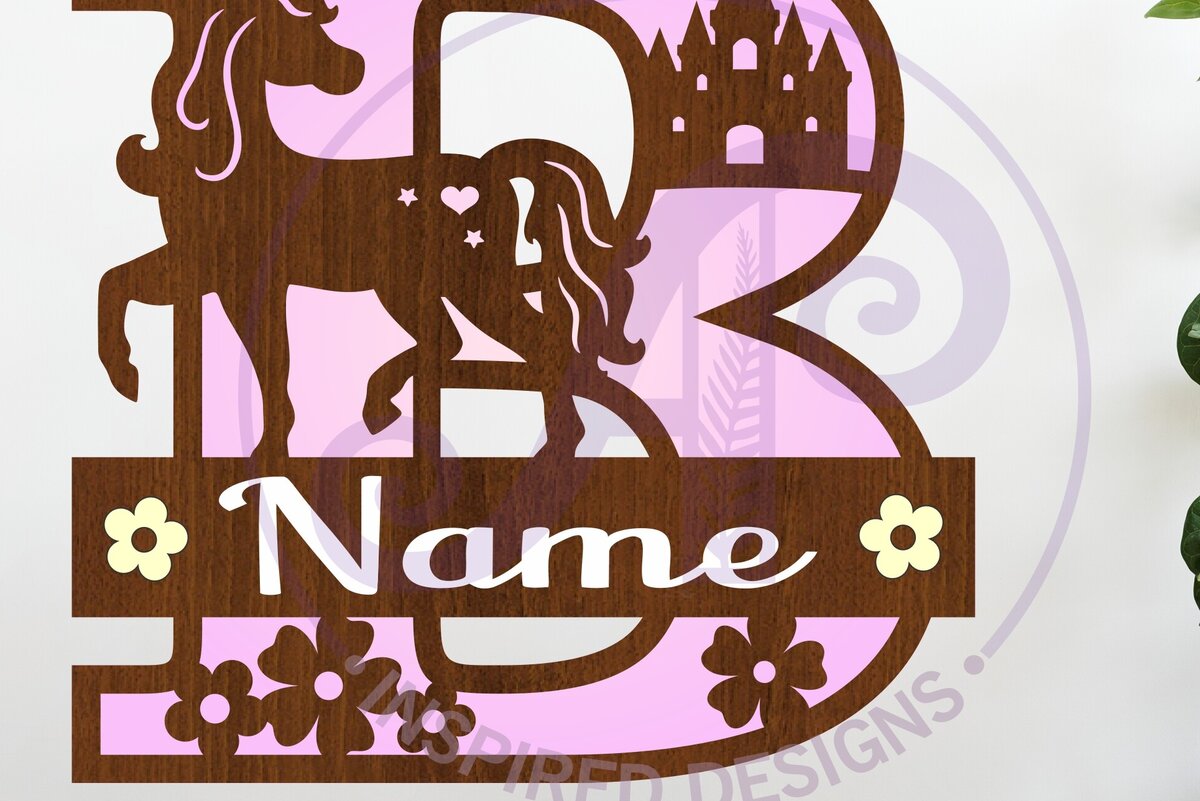 Σετ των 2 Intra απο ξύλο plywood 3mm-4mm πάχος – Μονόκερος κεφαλαίο μονόγραμμα Γράμμα Β Δίασταση  20x20 cm INTRAFABR-118319369