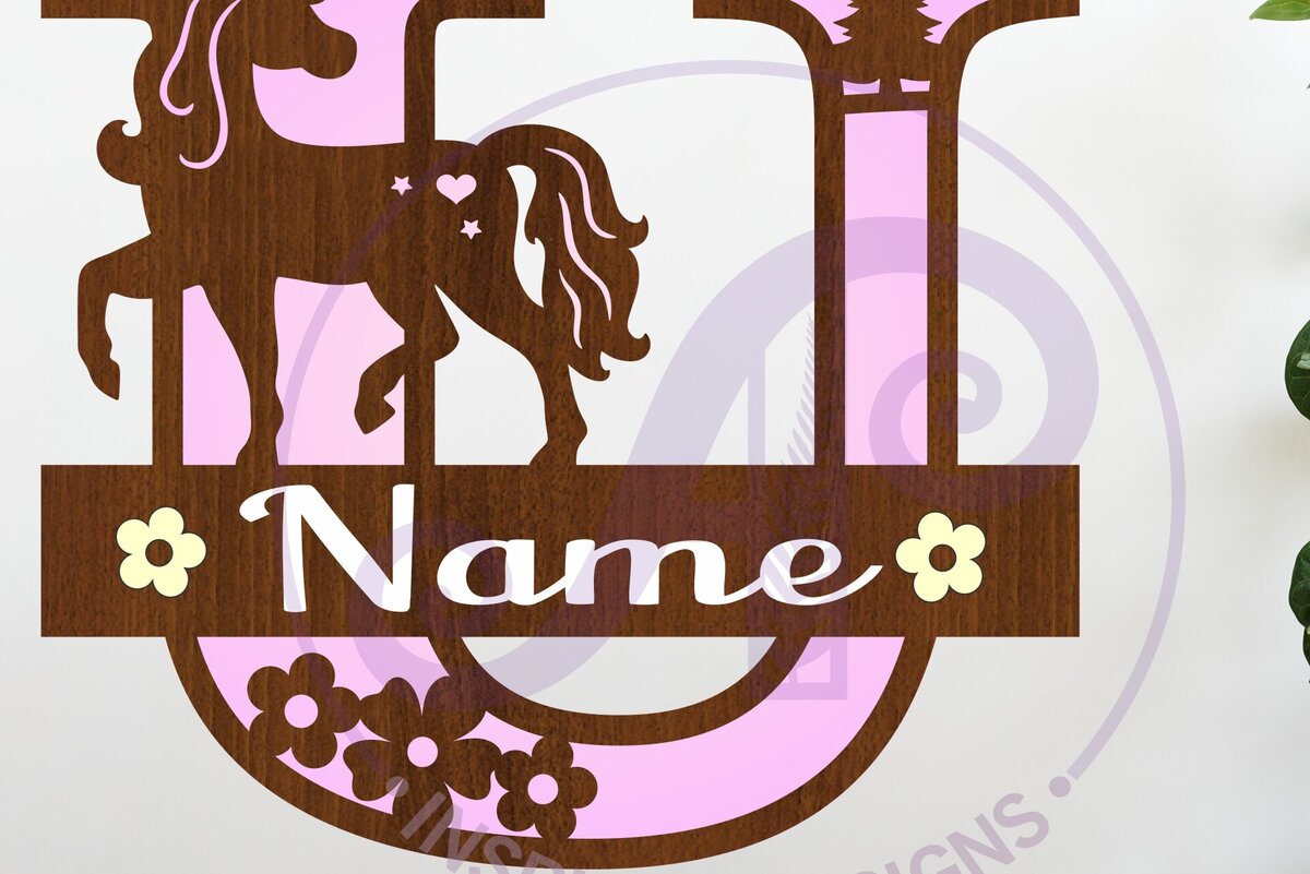 Σετ των 2 Intra απο ξύλο plywood 3mm-4mm πάχος – Μονόκερος κεφαλαίο μονόγραμμα Letter U Δίασταση  20x20 cm INTRAFABR-118318987