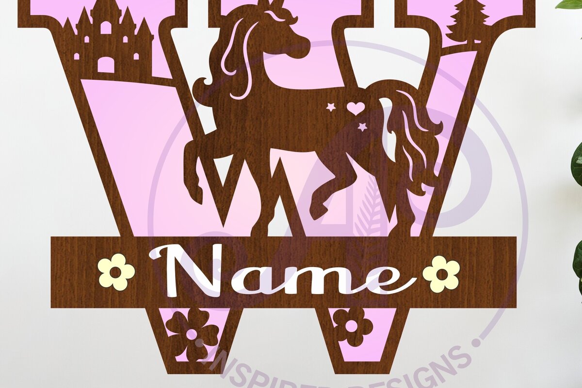 Σετ των 2 Intra απο ξύλο plywood 3mm-4mm πάχος – Μονόκερος κεφαλαίο μονόγραμμα Γράμμα W Δίασταση  20x20 cm INTRAFABR-118319069